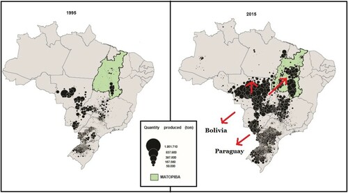 Figure 3. Production of soy per municipality in Brazil in 1995 and 2015. Data: PAM/IBGE Citation2017. Organized as map by Lorena Izá Pereira; my arrows.