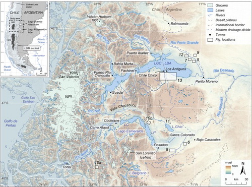 Figure 1. Location map of the studied area in central Patagonia. Boxes indicate the location and number of additional figures. Inset shows the extent of the Patagonian Ice Sheet (PIS) at the Last Glacial Maximum (LGM); redrawn after CitationSinger et al. (2004). The −125 m contour provides an indication of the approximate sea level drop at the LGM (e.g. CitationLambeck, Rouby, Purcell, Sun, & Sambridge, 2014; CitationPeltier & Fairbanks, 2006; CitationYokoyama, De Deckker, Lambeck, Johnston, & Fifield, 2001). NPI: North Patagonian Icefield; SPI: South Patagonian Icefield; CDI: Cordillera Darwin Icefield. Contemporary icefield limits extracted from the ‘Randolph Glacier Inventory’ dataset (CitationPfeffer et al., 2014).