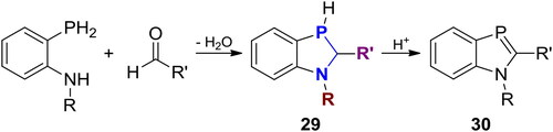Scheme 19. Synthesis of N-substituted benzazaphospholes via cyclo-PH,N-acetals.[Citation74,Citation75]