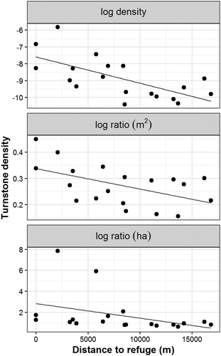 Figure 3. Relationship between Turnstone density and distance from offshore refuges, using the log(count/area) transformation, the log(count)/log(area) transformation with area in m2 and the log(count)/log(area) transformation with area in ha. Fitted lines from linear regressions are shown. Pearson’s r values are: −0.66 (P = 0.002) for the log density; −0.52 (P = 0.023) for the log ratio transformation in m2; and −0.39 (P = 0.102) for the log ratio transformation in ha.