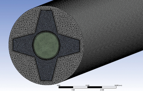 Figure 3a. Meshed model of the truncated conical turbulated heat exchanger.