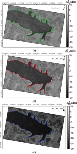 Figure 10. Waterlines extracted from VV (a), HH (b) and HV (c) channels superimposed as a green, red and blue lines, respectively, onto the corresponding NRCS graytones images.