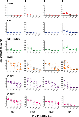 Figure 3. SA-TB vaccine induces antigen-specific IgG responses in serum. B6 mice were vaccinated 3 times I.M. at 3-week intervals with adjuvants + Mtb antigens (ESAT-6+Ag85B), or BCG vaccinated or received only adjuvant, and unvaccinated mice were also included. 14 days post last vaccination, serum was collected from the mice and immunoglobulin specificity against mtb antigens ESAT-6 and Ag85B in peripheral blood serum (diluted 1:15) was determined by ELISA using antibodies against IgG1(a), IgG2b(b), IgG2c(c) and IgA(d).