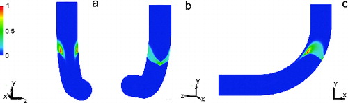 FIG. 5. Particle deposition patterns (a–c) at Re = 1000 for 9.15 micron diameter particles. Contours show normalized deposition rate.