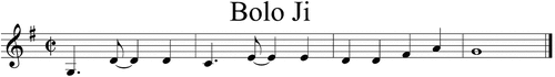 Figure 1. The opening motif of Bolo Ji Bolo. Source: Ali, Sholay and Melody Makers. Bolo Ji Bolo. Transcribed by Clarence Morris. Trinidad and Tobago: Balroop’s Record Shop, 1961.