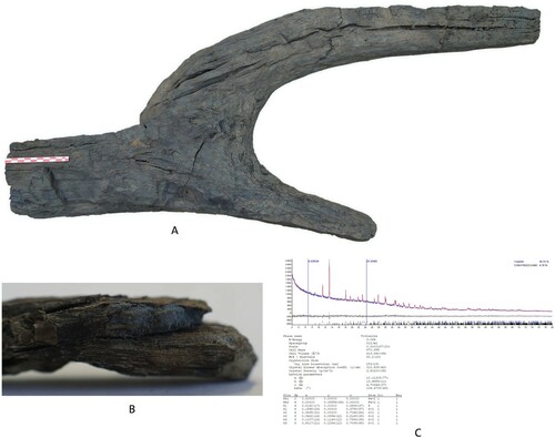 Figure 10. Wooden plough (A) and wood of Pinus sp. (B) with traces of vivianite and C) relative x-ray diffraction graph (Photo of the plough by Sh. Buadze; microphoto of the vivianite traces and x-ray analysis made by P. Bylina).