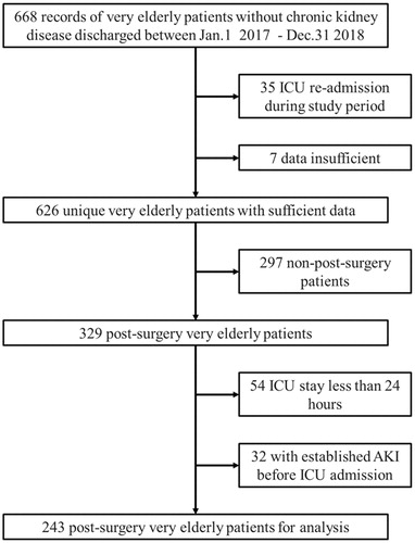 Figure 1. Flowchart of patients included in the study. The very elderly patients without chronic kidney disease discharged from ICU were scanned for occurrence of AKI according to the KDIGO definition. After excluding patients with re-admission, insufficient data, ICU stay <24 h and established AKI before surgery, 243 patients were enrolled for further analysis. ICU: intensive care unit; KDIGO: Kidney Disease Improving Global Outcomes.