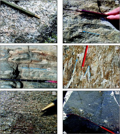 Figure 2. Main rock types and structures in the Money Unit. Letters in white at the bottom of each picture indicate the cardinal points. (a) Erfaulet metagranite: preserved igneous texture with subhedral Kfs crystals; (b) Bt-Amp orthogneiss: L4 lineation is marked by Amp; (c) Ab-paragneiss with a banded structure defined by Wm-Chl layers alternating to Qz-Ab-rich bands. A deformed dark green layer of amphibolite is enclosed in Ab-paragneiss; (d) Quartz meta-conglomerates (MMF), folded by D5 folds and strongly stretched parallel to L4 lineation; (e) Quartz-micaschist (MMF) with mm-size garnet crystals; (f) Stratigraphic contact between meta-conglomeratic layers (PMF) and a cm-thick band of graphite micaschist. The meta-conglomeratic layer contains pebbles and lenses of quartz and fine-grained leucocratic aplitic gneisses.