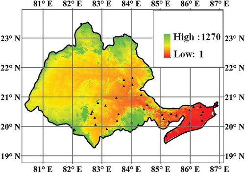Figure 2. Topography of the Mahanadi basin from the GTOPO digital elevation model. ▴, locations of the automatic weather stations within the basin.