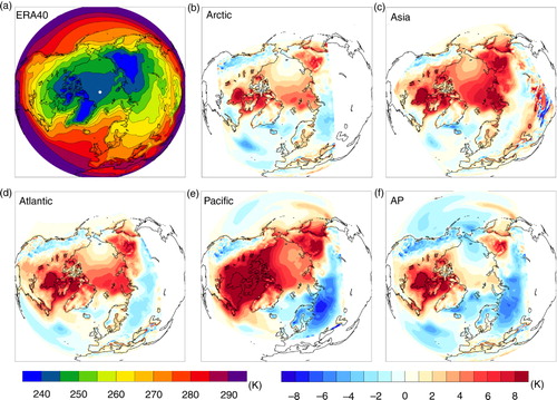 Fig. 3 Mean (1958–2001) ERA40 DJF 2 m temperature and difference Model – ERA40 [K].