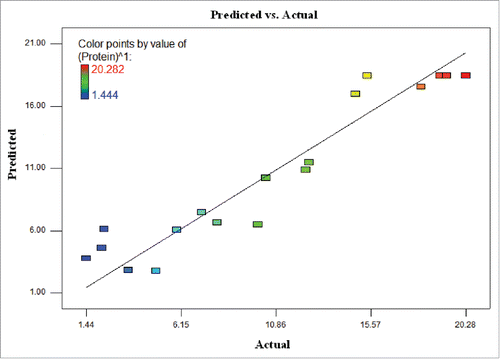 Figure 1. The relationship between the predicted values and actual values for protein amount of T. striata.