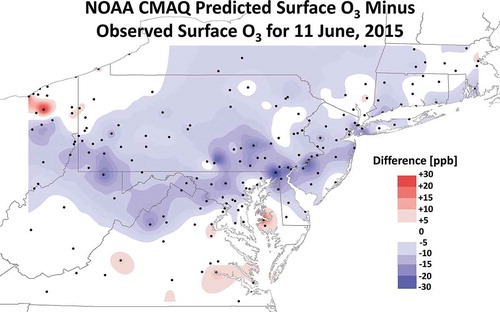 Figure 11. Interpolated differences between point observations and gridded forecasts of the maximum 8-hr average ozone from the NOAA CMAQ operational model (CMAQ predicted ozone minus the ozone observations) in parts per billion (ppb) for June 11, 2015. The analyses domain is confined to an area centered on Maryland. The forecast grid containing the monitor was used for the model to observation comparison. Black dots are ozone monitor locations. Only differences >5 ppb between the model and observations are contoured. Blue shading indicates negative values or underprediction by at least 5 ppb. Red shading indicates positive values or overprediction by at least 5 ppb.