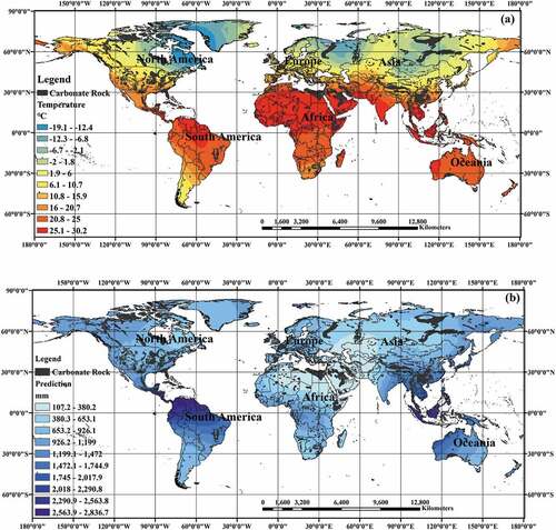 Figure 3. (a) Temperature distribution map; (b) Precipitation distribution map.