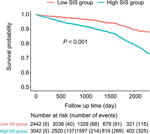 Figure 3 Mortality between patients in the low- and high-SIS group.