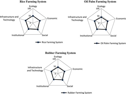 Figure 4. Kite diagram representing the sustainability of different peatland farming systems in five dimensions.