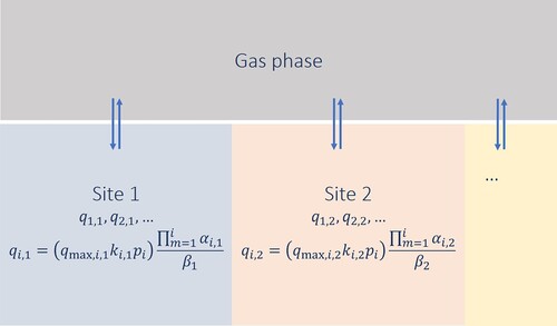 Figure 3. Representation of Segregated Explicit Isotherm (SEI) model which accounts for the separate thermodynamic equilibria of the adsorbed phases with the gas phase at different adsorption sites. Each adsorbed phase is separately in thermodynamic equilibrium with the gas phase and it is represented by the adsorption isotherm proposed by Van Assche et al. [Citation34] Equation (Equation23(23) qi=(qmax,1kipi)[∏m=1iαm]β(23) ). The gas phase has a total pressure of ptot and the gas phase mole fractions of the components in the mixture are represented by yi. In the adsorbed phase j, the loading of the component i is qi,j.