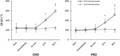 Figure 2. Creatine kinase concentrations after the first and last training sessions. N = 10 for each group. *Significantly greater than resting values. ‡ Significantly higher than all other time points (p < 0.05).