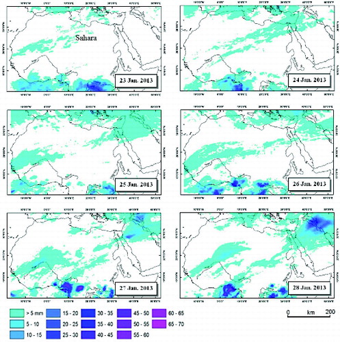 Figure 4. Daily development of storms over the Sahara from 23 to 28 January 2013.