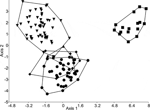 Fig. 35. Plot of a Canonical Variates Analysis based on the geometric morphometric dataset. Group outliers are connected by lines. Inverse triangles: population from Lake Balaton; triangles: French population; diamonds: type material of Stephanodiscus vestibulis; points: type material of S. triporus; squares: S. minutulus.