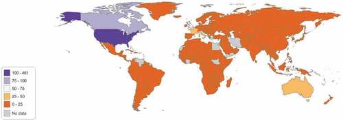 Figure 2. Geographic distribution of publications in vaccine hesitancy from 1974 to 2019. The map was created using StatPlanet version 2.2. The map is color coded where countries with the purple color had the highest publications while those with the orange color had the lowest publications. Countries with no color indicate that there were no publications available