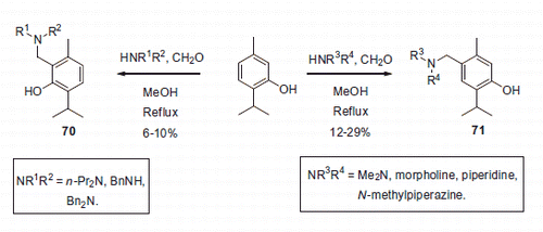 Scheme 24. Mannich aminomethylation in ortho- or para-position of thymol.