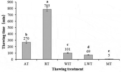 Figure 2. The effects of thawing treatments on thawing time of frozen swimming crab samples. Different small letters (a, b, c, d, e) in the same line indicate significant differences (P < 0.05) of thawing. AT, air thawing; RT, refrigerator thawing; WIT, water immersing thawing; LWT, lotic water thawing; MT, microwave thawing.Figura 2. Efectos de los tratamientos de descongelación en el tiempo de descongelación de las muestras de cangrejo Portunus trituberculatus congelado. Las distintas letras minúsculas (a, b, c, d, e) en la misma línea indican diferencias significativas (P < 0.05) de descongelación. AT, descongelación por aire; RT, descongelación por refrigerador; WIT, descongelación por inmersión en agua; LWT, descongelación por agua lótica; MT, descongelación por microondas