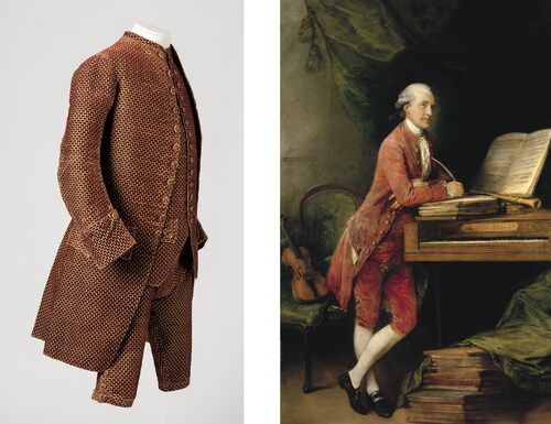 Figure 3A Court suit (coat, waistcoat, and breeches), ca.1760s. Red and gold cut silk velvet. © Fashion Museum Bath. B Thomas Gainsborough, Johann Christian Fischer, 1774–80. Oil on canvas. Royal Collection Trust/© His Majesty King Charles III 2023.