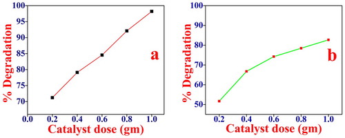 Figure 9. Effect of catalyst weight on the photocatalytic degradation of (a) MB, conditions pH = 10, dye concentration 5 mg/L and catalyst dose 0.2–1 gm/L irradiation time 120 min. (b) Rh B, conditions: pH = 2 dye concentration 5 mg/L and catalyst dose 0.2–1 gm/L irradiation time 120 min.