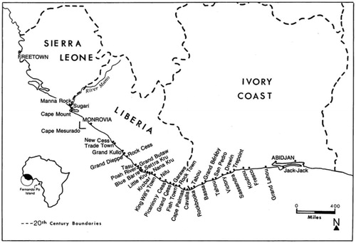 Figure 2. Sources of Kru migrants (from M. Schuler, ‘Kru Emigration to British and French Guiana, 1841–1857’, in P. Lovejoy [ed.], Africans in Bondage: Studies in Slavery and the Slave Trade. Essays in Honor of Philip D. Curtin [Madison, University of Wisconsin Press, 1976], p. 158).