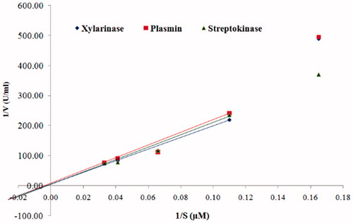Figure 7. Lineweaver–Burk plot for the hydrolysis of fibrin by xylarinase, plasmin and streptokinase.
