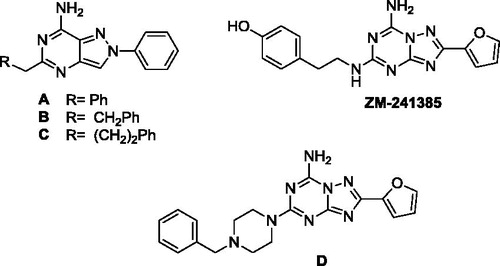 Figure 1. Previously reported pyrazolo[4,3-d]pyrimidines A–C and triazolotriazines ZM-241385 and D.