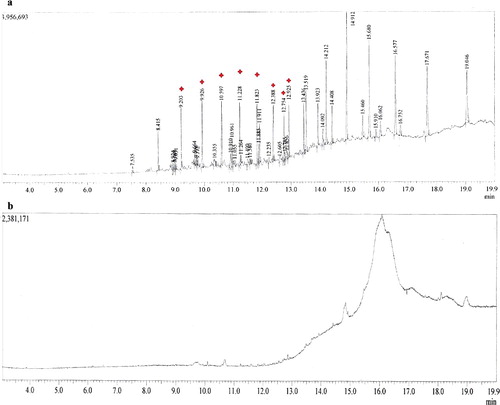 Figure 3. Bioremediation of crude oil after two weeks of incubation at 30 °C, analysed by GC-MS. (a) without micro-organism (control) and (b) degraded sample using Y2.