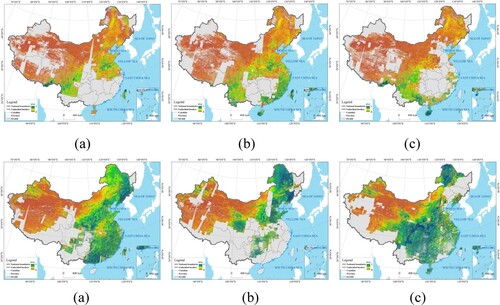 Figure 3. Spatial distribution map of GF-1 FVC products across in China in 2019 for different DOYs. (a)-(c) for January, and (d)-(f) for July. (a) DOY 001; (b) DOY 011; (c) DOY 021; (a) DOY 181; (b) DOY 191; (c) DOY 201.