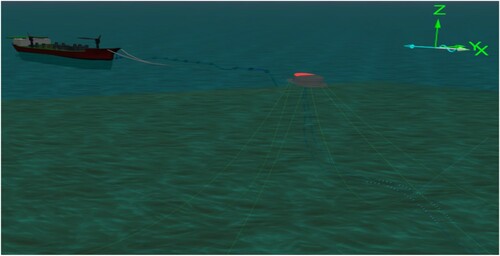 Figure 20. The FPSO tanker attached to the CALM buoy offloading system showing hose disconnect (in Orcaflex 11.0f). (This figure is available in colour online.)