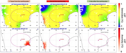 Figure 15. LST detrended and LST anomaly maps for the earthquake ID100966.