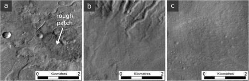 Figure 4. Terrain units located on the floor of Greg crater: (a) lobate superposed terrain, the arrow shows a patch of protruding rough bedrock, (b) common crater floor terrain, and (c) smooth crater floor terrain.