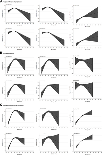 Figure 3 The relationship between BMI and lung function according to lung function test. (A) The relationship between BMI and lung function in people with normal spirometry. (B) The relationship between BMI and lung function in people with PRISm. (C) The relationship between BMI and lung function in people with obstructive spirometry.