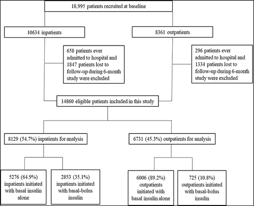 Figure 1 Flow of patients included in the analysis. Patients ever admitted to hospital or lost to follow-up after insulin therapy initiation during 6-month study period were excluded.