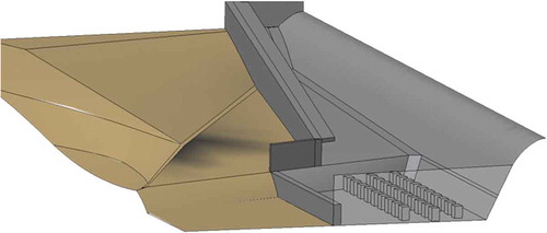 Figura 16. Perspectiva de la solución de cajero altamente convergente y cuenco dentado para el aliviadero de emergencia de la presa de Oroville.