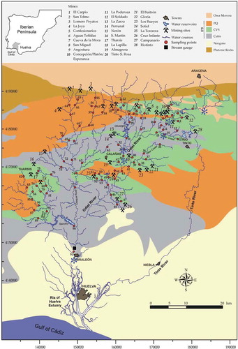 Fig. 1 Location of the study area in the Odiel River (Huelva, Spain). Contaminated and uncontaminated drainage channels are shown together with the location of the main mine operations (source: Sarmiento et al. Citation2009a). Blue stars are water sampling locations for geochemical analysis contemporaneous to the dates of HyMap flights. Black rectangles frame mapped areas.