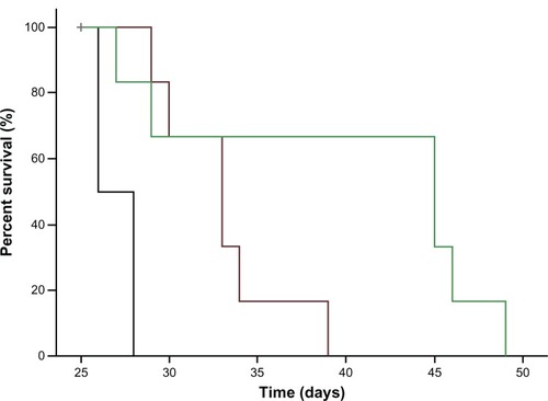 Figure 9 Kaplan–Meier survival curves of B16-F10 tumor-bearing C57BL/6 mice treated with iRGD-SSL-DOX.Notes: Kaplan–Meier survival curves of B16-F10 tumor-bearing C57BL/6 mice treated with physiological saline (black), SSL-DOX (3 mg/kg, IV, q3d) (brown), iRGD-SSL-DOX (3 mg/kg, IV, q3d) (green). Results indicated that the iRGD-SSL-DOX (43.5 days) significantly improved the median survival time of mice as compared with that treated with SSL-DOX (33 days, P < 0.01) and physiological saline (27 days, P < 0.01), respectively.Abbreviations: iRGD-SSL-DOX, doxorubicin-loaded iRGD-modified sterically-stabilized liposome; iRGD, tumor-homing peptide; SSL, sterically-stabilized liposome; DOX, doxorubicin; IV, intravenous; q3d, every 3 days for three doses.