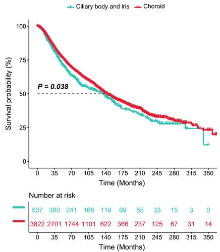 Figure 1 The difference in overall survival between choroid melanoma and ciliary body/iris melanoma.