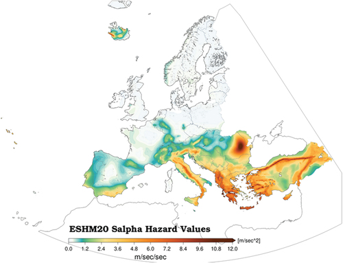 Figure 3. Informative small-scale European Hazard Map representation of Salpha for rock sites, based on ESHM20 (explanation of Salpha will be presented below).