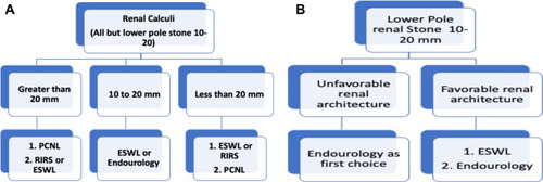 Figure 2 (A) Flowchart showing a summary of the EAU guideline for the management renal stones excluding lower poles stones of <20 mm and <10 mm. (B) Flowchart reveals the EAU guideline summary for the management of lower pole renal calculi of <20 mm and <10 mm.