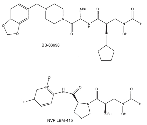 Figure 1 Chemical structures of the peptide deformylase inhibitors BB-83698 and NVP LBM-415.