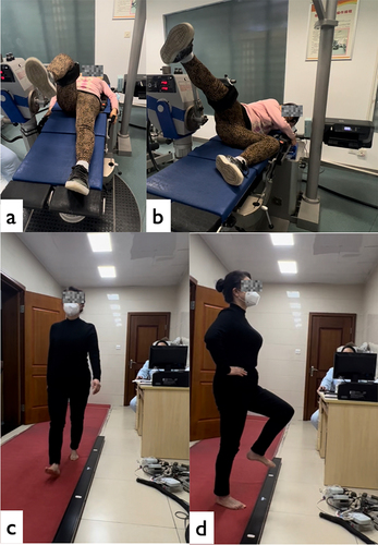 Figure 2 The enrolled patients underwent muscle strength training and testing, as well as gait and balance assessments. (a-c) Follow-up patients are undergoing Isokinetic Strength Assessment and Gait analysis. (d) Follow-up patients are undergoing Eyes-Closed Single-Leg Standing Balance Test.