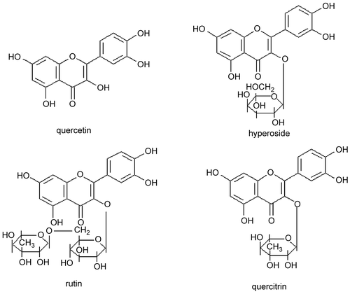 Figure 2.  The molecular structures of quercetin, hyperoside, rutin, and quercitrin (modified from CitationXu et al., 2006).