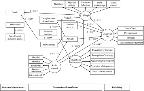Figure 3. Parsimonious model of the relationships between sociodemographic characteristics, student academic characteristics, social support, psychosocial factors, lifestyle, and quality of life. All figures are standardised beta coefficients: *P < 0.05, **P < 0.01.