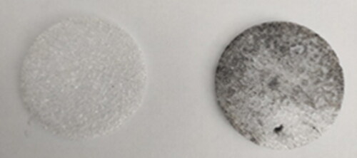 Figure 5. Loaded filter before (3.3 mg/kg of insoluble material) (left) and after additional contamination of the snow with external soot (9.3 mg/kg of insoluble material) (right).