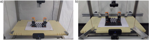 Figure 1. Experimental setups with two metronomes placed in row configuration on a platform that is solely moving in one of the elementary directions: (a) horizontal displacement; (b) vertical displacement: the cables are suspended by springs and guided through the holes in metal strips.